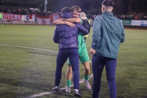 Cian Brosnan celebrating Kerry FC victory over Sligo Rovers Luke O'Mahoney