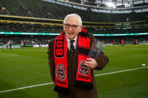 Hall of Fame award recipient Billy Young before the 2021 FAI Cup Final match between Bohemians and St Patrick's Athletic at Aviva Stadium in Dublin.